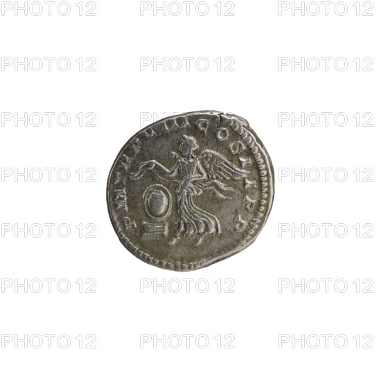 Denarius; Roman deities; Victoria; Septimius Severus (Roman emperor, 146–211). Obv.: SEVERVSAVG PARTMAX — Head of Septimius Severus in a laurel wreath facing right, pearl rim. Rev.: PMTRPVIIICOSI IPP — Victoria tiptoes to the left, holding a garland in both hands; at her feet left, a round shield on a pedestal, pearl rim. Date: 200. Roman Empire (27 BC–476). Rome. Coin; dia. 17.0 mm, dia. 19.0 mm; weight 3.00 g.