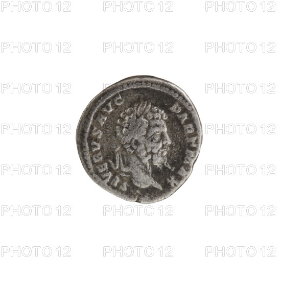 Denarius depicting Roman deities; Septimius Severus (Roman emperor, 146–211). Obverse: laureate head of Septimius Severus facing right, pearl rim, inscription SEVERVSAVG PARTMAX. Reverse: Victoria tiptoeing left, holding a garland in both hands; at her feet left a round shield on a pedestal, pearl rim, inscription PMTR PVIII COSI IPP. Coin dated 200, Roman Empire (27 BC–476). Coin: diameter 18.0–18.5 mm, weight 3.12 g.