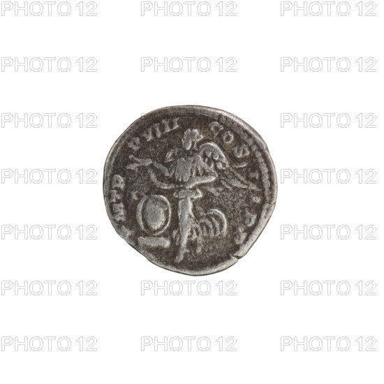 Denarius depicting Roman deities; Septimius Severus (Roman emperor, 146–211). Obverse: SEVERVSAVG PARTMAX — Head of Septimius Severus in a laurel wreath facing right, pearl rim. Reverse: PMTR PVIII COSI IPP — Victoria tiptoes left, holding a garland in both hands; at her feet left, a round shield on a pedestal, pearl rim. Circa 200. Roman Empire (27 BC–476). Rome. Coin: diameter 18.0–18.5 mm, weight 3.12 g.
