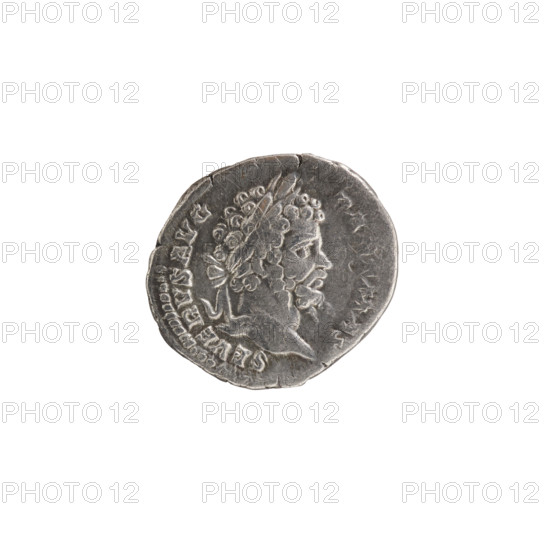 Denarius, Roman Empire (27 BC–476), c. 200. Obverse: Head of Emperor Septimius Severus (146–211) in a laurel wreath facing right, pearl rim, legend SEVERVSAVG PARTMAX. Reverse: Victoria tiptoeing left, holding a garland in both hands; at her feet left, a round shield on a pedestal, pearl rim, legend PMTRPVIII COSI IPP. Coin: silver, diameter 17.0–19.0 mm, weight 3.08 g.