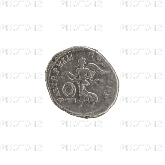 Denarius, Roman, showing deities: Victoria; Septimius Severus (Roman emperor, 146–211) — iconography. Obv.: SEVERVSAVG PARTMAX — Head of Septimius Severus in a laurel wreath facing right, pearl rim. Rev.: PMTRPVIII COSI IPP — Victoria tiptoes left, holding a garland in both hands; at her feet left, a round shield on a pedestal, pearl rim. Date: 200. Roman Empire (27 BC–476). Coin. Diameters: 17.0 mm, 19.0 mm. Weight: 3.08 g.