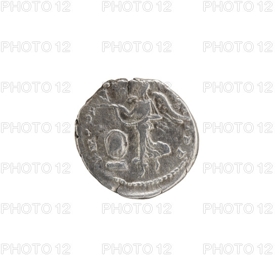 Denarius; Roman deities; Victoria; Septimius Severus (Roman emperor, 146–211) — iconography. Obv.: ERVSAVG PAR, head of Septimius Severus in a laurel wreath facing right; pearl rim. Rev.: PMTRP, IPP, Victoria tiptoes to the left holding a garland in both hands; at her feet left, a round shield on a pedestal; pearl rim. Date: 200. Place: Rome, Roman Empire (27 BC–476). Coin: diameter 17.5–18.5 mm; weight 2.80 g.