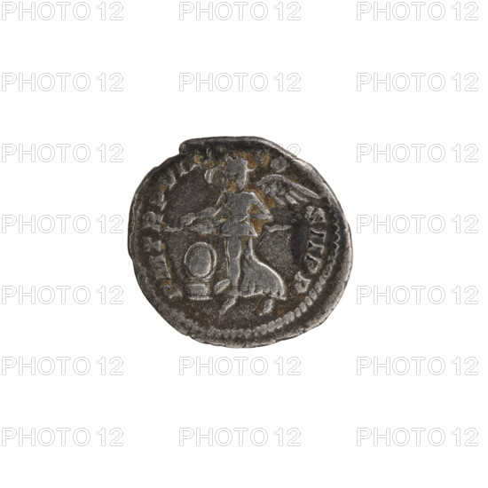 Denarius, silver coin depicting Victoria; maker: Septimius Severus (Roman emperor, 146–211). Obverse: SEVERVSAVG PARTMAX — head of Septimius Severus in a laurel wreath facing right, pearl rim. Reverse: PMTRPVIII CO SIIPP — Victoria tiptoes left, holding a garland in both hands; at her feet left, a round shield on a pedestal, pearl rim. Date: 200. Culture: Roman Empire (27 BC–476). Place: Rome. Medium/function: coin. Diameter: 19.0 mm. Weight: 2.80 g.