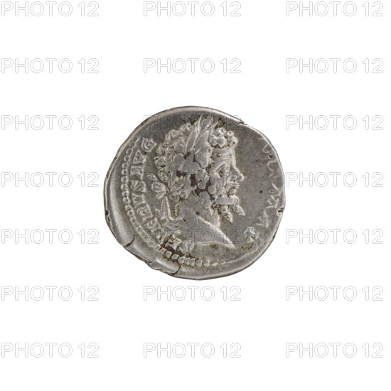 Denarius, head of Septimius Severus with laurel wreath facing right (Obv. inscription: SEVERVSAVG), pearl rim. Rev. inscription: RESTITVTOR VRBIS; emperor in laurel wreath and military attire with cloak over left shoulder stands with head turned left, holding a patera above a burning tripod in his right hand and a spear pointed downward in his left, pearl rim. Date: 200–201. Rome, Roman Empire (27 BC–476). Coin: diameter 19.0 mm, weight 3.20 g.
