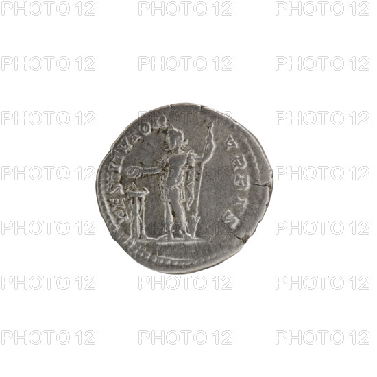 Denarius, obverse: head of Septimius Severus with laurel wreath facing right, pearl rim, inscribed SEVERVSAVG. Reverse: emperor in laurel wreath and military attire with cloak over left shoulder stands with head turned left; in right hand he holds a patera above a burning tripod, in left hand a downward-pointing spear; pearl rim, inscribed RESTITVTOR VRBIS. Dated 200–201 CE, Rome, Roman Empire; coin, diameter 19.0 mm, weight 3.20 g.