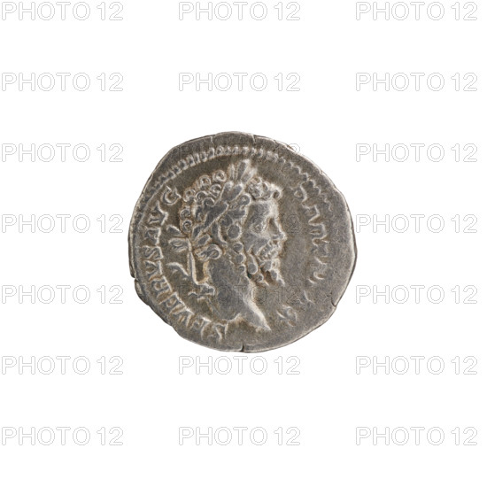 Denarius of Septimius Severus (Roman Emperor, 146–211). Obverse: Head of Septimius Severus with laurel wreath facing right, legend SEVERVSAVG, pearl rim. Reverse: RESTITVTOR VRBIS; emperor in laurel wreath and military dress with cloak over his left shoulder stands straight, head turned left; in his right hand he holds a patera over a burning tripod, in his left hand a spear with point downwards, pearl rim. Date: 200–201. Roman Empire. Coin diameter approx. 19.0–19.5 mm; weight 2.55 g.