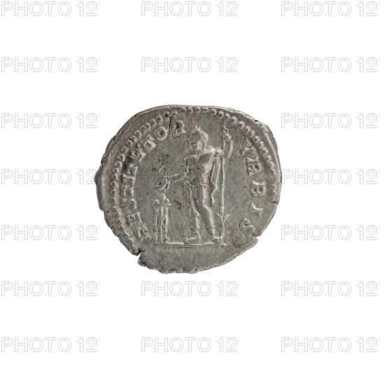 Denarius, Septimius Severus (Roman Emperor; 146–211) — Obv.: SEVERVSAVG PARTMAX. Head of Septimius Severus with a laurel wreath facing right, pearl rim. Rev.: RESTITVTOR VRBIS. The emperor in a laurel wreath and military attire with a cloak over his left shoulder stands straight, head turned left; in his right hand he holds a patera above a burning tripod, in his left hand he holds a spear with the point downwards, pearl rim. 200–201 CE, Roman Empire. Coin: diameter 20.0 mm, weight 3.20 g.