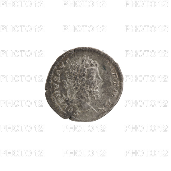 Denarius, tripod, Septimius Severus (Roman Emperor; 146–211) — iconography: emperor standing in front of a tripod. Obv.: SEVERVSAVG PARTMAX — Head of Septimius Severus with a laurel wreath facing right, pearl rim. Rev.: RESTITVTOR VRBIS — The emperor in a laurel wreath and military dress with a cloak over his left shoulder stands straight, head turned left; in his right hand he holds a patera above a burning tripod, in his left hand he holds a spear with the point downwards, pearl rim. Date: 200–201. Place: Rome, Roman Empire (27 BC–476). Object type: coin. Dimensions: diameter 18.0–18.5 mm; weight 2.43 g.