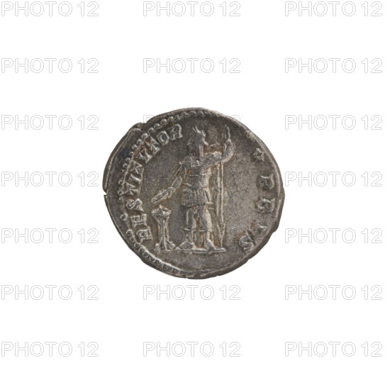 Denarius, tripod, Septimius Severus (Roman Emperor; 146–211) — iconography: emperor standing in front of a tripod. Obv.: SEVERVS AVG PART MAX — Head of Septimius Severus with a laurel wreath facing right, pearl rim. Rev.: RESTITVTOR VRBIS — The emperor in a laurel wreath and military dress with a cloak over his left shoulder stands upright, head turned left; in his right hand he holds a patera above a burning tripod, in his left hand he holds a spear with the point downwards, pearl rim. 200–201 CE, Rome, Roman Empire (27 BC–476). Coin; diameter 18.0–18.5 mm, weight 2.43 g.