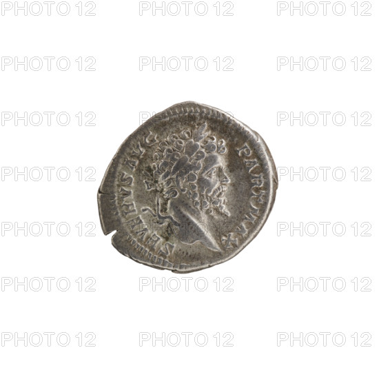 Denarius, Septimius Severus (Roman Emperor; 146–211) — Obv.: SEVERVSAVG PARTMAX. Head of Septimius Severus with a laurel wreath facing right, pearl rim. Rev.: RESTITVTOR VRBIS. Emperor in a laurel wreath and military dress with a cloak over his left shoulder stands straight, head turned left; in his right hand he holds a patera above a burning tripod, in his left hand he holds a spear with the point downwards, pearl rim. Date: 200–201. Roman Empire (27 BC–476). Medium: silver coin. Diameter: 18.0–19.5 mm. Weight: 3.15 g.