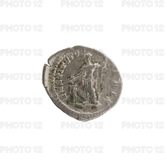 Denarius, Septimius Severus (Roman Emperor; 146–211) — iconography: emperor standing in front of a tripod. Obv.: SEVERVS AVG PART MAX — Head of Septimius Severus with a laurel wreath facing right, pearl rim. Rev.: RESTITVTOR VRBIS — Emperor in a laurel wreath and military dress with a cloak over his left shoulder stands straight, head turned left; in his right hand he holds a patera above a burning tripod, in his left hand he holds a spear with the point downwards, pearl rim. Date: 200–201. Roman Empire (27 BC–476), Rome. Coin: diameter 18.0–19.5 mm, weight 3.15 g.