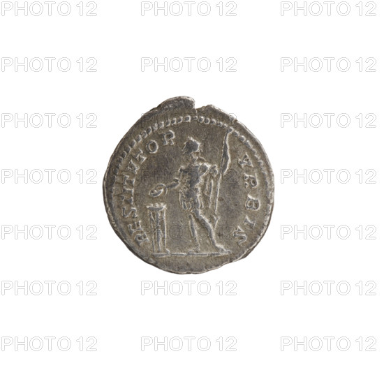 Denarius, emperor standing in front of a tripod; Septimius Severus (Roman Emperor, 146–211) — iconography: tripods. Obv.: SEVERVSAVG PARTMAX — Head of Septimius Severus with laurel wreath facing right, pearl rim. Rev.: RESTITVTOR VRBIS — Emperor in a laurel wreath and military dress with a cloak over his left shoulder stands straight, head turned left; in his right hand he holds a patera above a burning tripod, in his left hand he holds a spear with the point downwards, pearl rim. Date: 200–201. Culture/Period: Roman Empire (27 BC–476). Place: Rome. Object type/material: coin (denarius). Diameter: 18.0–18.5 mm. Weight: 2.36 g.