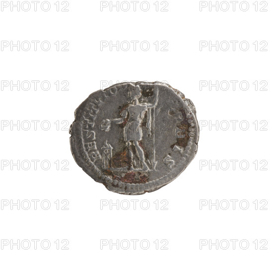 Denarius, Septimius Severus (Roman Emperor; 146–211) — Obv.: SEVERVSAVG PARTMAX. Head of Septimius Severus in a laurel wreath facing right, pearl rim. Rev.: RESTITVTOR VRBIS. The emperor in a laurel wreath and military attire with a cloak over his left shoulder stands straight, head turned left; in his right hand he holds a patera above a burning tripod, in his left hand he holds a spear with the point downwards, pearl rim. 200–201, Rome, Roman Empire (27 BC–476). Coin: dia. 16.5–19.5 mm, weight 2.90 g.