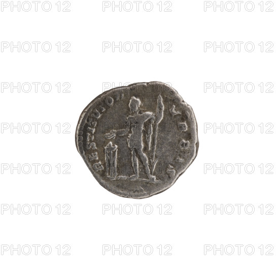 Denarius, Septimius Severus (Roman Emperor; 146–211) — iconography: emperor standing in front of a tripod. Obverse: SEVERVSAVG, head of Septimius Severus with laurel wreath facing right, pearl rim. Reverse: RESTITVTOR VRBIS, emperor in laurel wreath and military dress with cloak over his left shoulder stands straight, head turned left; right hand holds a patera above a burning tripod, left hand holds a spear with point downwards, pearl rim. Date: 200–201. Roman Empire (27 BC–476). Coin. Diameter: 16.5–18.0 mm. Weight: 2.98 g.