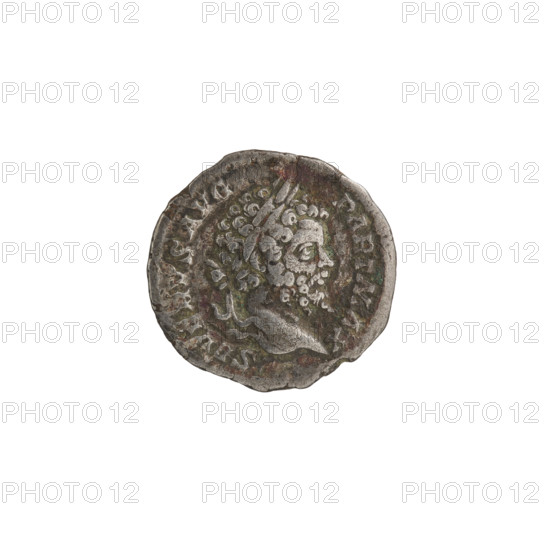 Denarius, Septimius Severus (Roman Emperor; 146–211) — Obverse: SEVERVSAVG PARTMAX. Head of Septimius Severus with laurel wreath facing right, pearl rim. Reverse: RESTITVTOR VRBIS. Emperor in laurel wreath and military dress with cloak over his left shoulder stands upright, head turned left; in his right hand he holds a patera above a burning tripod, in his left hand a spear with the point downwards, pearl rim. Date: 200–201. Roman Empire (27 BC–476). Rome. Coin: diameter 18.5 mm, weight 2.79 g.