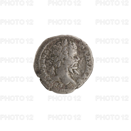 Denarius, emperor standing before a tripod. Septimius Severus (Roman emperor; 146–211). Obverse: SEVERVSAVG PARTMAX — Head of Septimius Severus with a laurel wreath facing right, pearl rim. Reverse: RESTITVTOR VRBIS — The emperor stands naked, facing forward with head turned left; in his right hand he holds a patera above a burning tripod, in his left hand a long scepter, pearl rim. Date: 200–201. Roman Empire (27 BC–476). Rome. Coin: diameter 18.0–19.0 mm; weight 3.45 g.