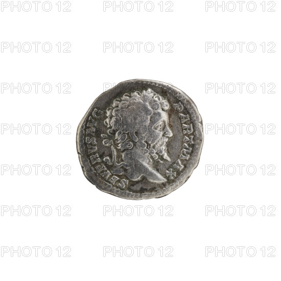 Denarius; personifications; Providentia (personification); Septimius Severus (Roman emperor, 146–211) — iconography. Obverse: SEVERVS AVG PART MAX; head of Septimius Severus with laurel wreath facing right, pearl rim. Reverse: PROVID AVGG; Providentia stands facing left, in her right hand she holds a baton with which she points to a sphere lying at her feet, in her left hand a long scepter, pearl rim. Date: 200–201. Roman Empire (27 BC–476). Rome. Coin: diameter 17.5–18.5 mm; weight 2.88 g.