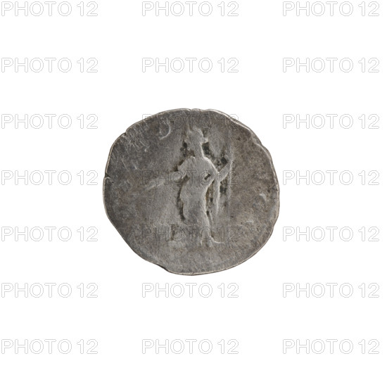 Denarius; obverse: head of Septimius Severus with laurel wreath facing right, pearl rim, inscription SEVERVSAVG PARTMAX; reverse: Providentia stands facing left, right hand holding a baton pointing to a sphere at her feet, left hand holding a long scepter, pearl rim, inscription PROVID AVGG; Roman Empire, 200–201; coin diameter 17.5–18.5 mm, weight 2.88 g.