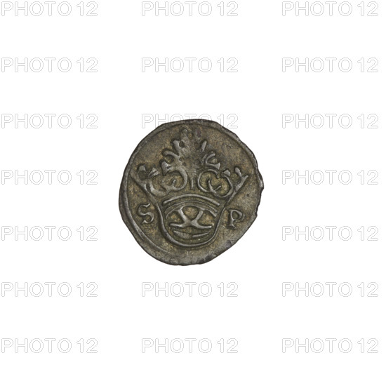 Crown denarius of Sigismund I the Old (King of Poland, 1506–1548); obverse: crown with letters S and P on the sides; reverse: crowned eagle with head turned left; talons, eagles, crowns; dated 1506–1548, Kraków, Poland; coin, weight 0.31 g