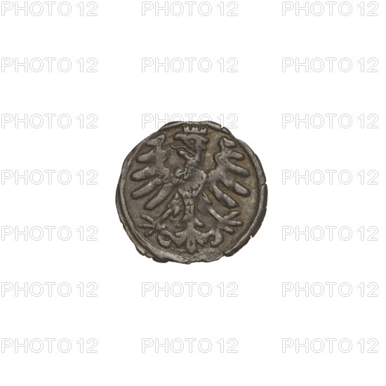 Crown denarius of Sigismund I the Old (King of Poland, reign 1506–1548). Obverse: crown with letters S and P on the sides. Reverse: eagle with head turned left, crowned, with long talons. Minted 1506–1548, Kraków, Poland. Coin; weight 0.30 g.
