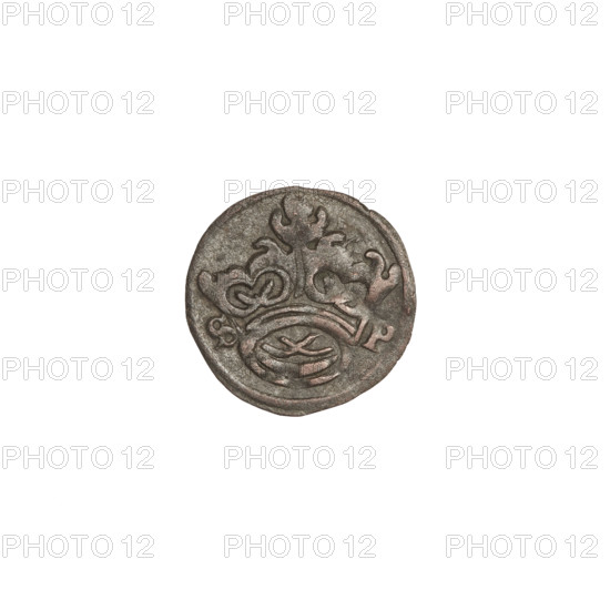 Crown denarius of Sigismund I the Old (King of Poland, r. 1506–1548). Obverse: crown with letters S and P at the sides. Reverse: crowned eagle with head turned left and long talons. Kraków, Poland; coin; weight 0.31 g; dated 1506–1548.