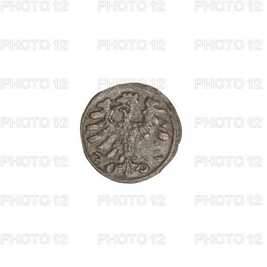 Crown denarius of Sigismund I the Old (King of Poland, reign 1506–1548). Obverse: crown with letters S and P on the sides. Reverse: crowned eagle with head turned left and long talons. Minted in Kraków, Poland, c. 1506–1548. Coin, weight 0.31 g.