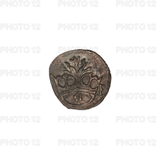 Crown denarius of Sigismund I the Old (King of Poland, r. 1506–1548); obverse: crown with letters S and P on the sides; reverse: crowned eagle facing left with long talons. 1506–1548; Kraków, Poland; silver coin; weight 0.32 g.