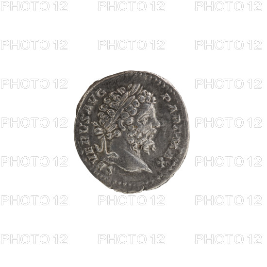 Denarius, personifications, Septimius Severus (Roman emperor; 146–211) — iconography: Virtus. Obv.: SEVERVSAVG PARTMAX — Head of Septimius Severus in laurel wreath facing right, pearl rim. Rev.: VIRT AVGG — Virtus in military attire stands facing left, holding Victoria in his outstretched right hand, and a vertical spear in his left hand with a shield placed on the ground, pearl rim. Date: 200–201. Roman Empire (27 BC–476). Coin. Diameter: 17.5–18.5 mm. Weight: 3.42 g.