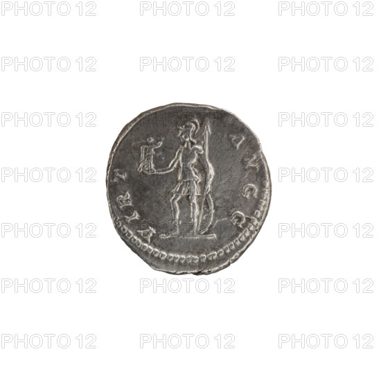 Denarius; personifications; Septimius Severus (Roman emperor; 146–211) — iconography: Virtus. Obv.: SEVERVSAVG PARTMAX. Head of Septimius Severus in laurel wreath facing right, pearl rim. Rev.: VIRT AVGG. Virtus in military attire stands facing left; in his outstretched right hand he holds Victoria, in his left hand a vertical spear and a shield placed on the ground, pearl rim. Date: 200–201. Culture: Roman Empire (27 BC–476). Material: coin. Diameter: 17.5–18.5 mm. Weight: 3.42 g.