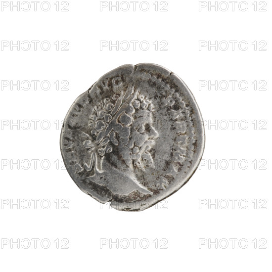 Denarius depicting personifications; Septimius Severus (Roman emperor, 146–211) — iconography: Virtus. Obverse: SEVERVSAVG PARTMAX — head of Septimius Severus in laurel wreath facing right, pearl rim. Reverse: VIRT AVGG — Virtus in military attire stands facing left, holding Victoria in his outstretched right hand, and a vertical spear in his left with a shield placed on the ground, pearl rim. Date: 200–201. Culture: Roman Empire (27 BC–476). Medium: silver coin. Diameter: 19.0 mm. Weight: 3.20 g.