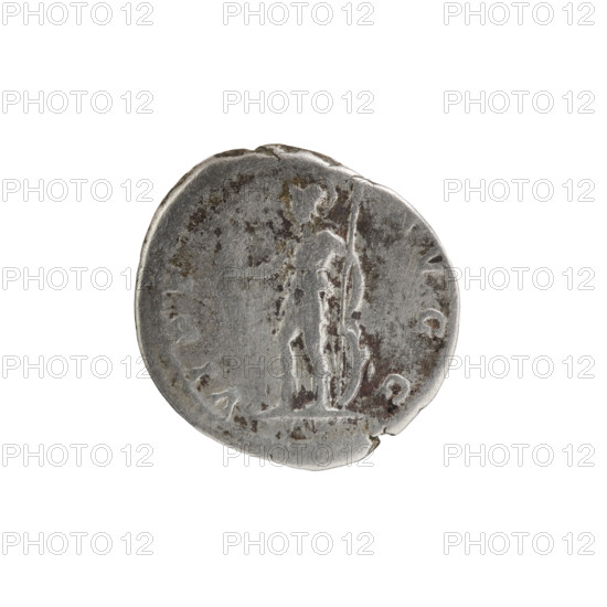 Denarius depicting personifications; Septimius Severus (Roman emperor, 146–211) — iconography: Virtus. Obverse: SEVERVSAVG PARTMAX — Head of Septimius Severus in laurel wreath facing right, pearl rim. Reverse: VIRT AVGG — Virtus in military attire stands facing left; in his outstretched right hand he holds Victoria, in his left hand a vertical spear and a shield placed on the ground, pearl rim. Date: 200–201. Culture: Roman Empire. Place: Rome. Medium: silver coin. Diameter: 19.0 mm. Weight: 3.20 g.