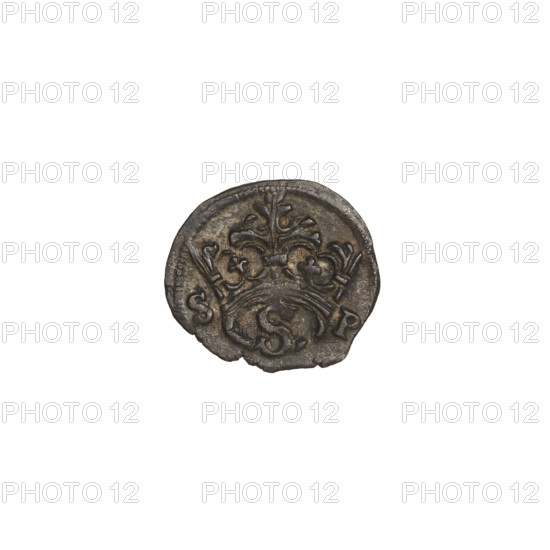 Crown denarius of Sigismund I the Old (King of Poland, reign 1506–1548). Obverse: crown with letters S and P on the sides. Reverse: crowned eagle with head turned left and long talons. Minted 1506–1548, Kraków, Poland. Coin, weight 0.42 g.