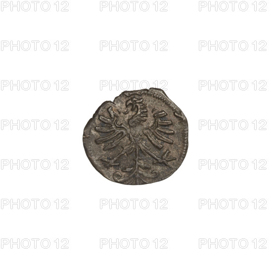 Crown denarius of Sigismund I the Old (King of Poland, reign 1506–1548). Obverse: crown with letters S and P on the sides. Reverse: eagle with head turned to the left, wearing a crown, with long talons. Minted in Kraków, Poland, dated 1506–1548. Coin, weight 0.42 g.