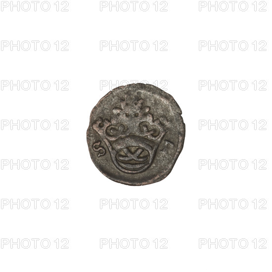 Crown denarius of Sigismund I the Old (King of Poland; 1506–1548). Obverse: crown with letters S and P on the sides. Reverse: crowned eagle with head turned to the left, long talons, wings. Minted in Kraków, Poland, 1506–1548. Coin, weight 0.32 g.