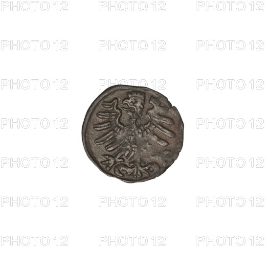 Crown denarius of Sigismund I the Old (King of Poland, 1506–1548). Obverse: crown with letters S and P on the sides. Reverse: crowned eagle facing left with long talons and wings. Dated 1506–1548, Kraków, Poland. Coin, weight 0.32 g.