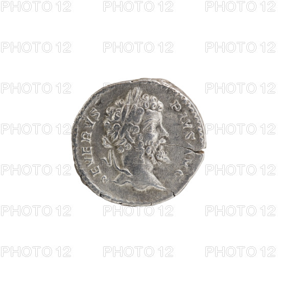 Denarius of Septimius Severus (Roman emperor, 146–211). Obverse: laureate head of Septimius Severus facing right; inscription SEVERVS PIVS AVG; pearl rim. Reverse: two prisoners seated back-to-back with hands tied behind them under a trophy; inscription PART MAX P M TR P VIIII; pearl rim. Roman Empire, 201 CE. Silver coin; diameter ~17.0–18.5 mm; weight 3.19 g.