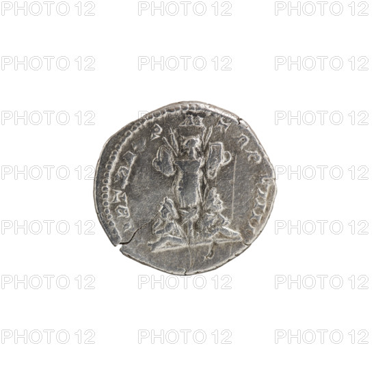 Denarius, Septimius Severus (Roman emperor; 146–211) — Obverse: SEVERVS PIVS AVG, head of Septimius Severus in laurel wreath facing right, pearl rim. Reverse: PART MAX P M TR P VIIII, two prisoners with their hands tied behind their backs, facing each other, seated on the ground under a trophy, pearl rim. Roman Empire, 201. Coin: diameter 17.0–18.5 mm, weight 3.19 g.