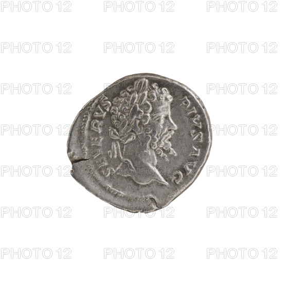 Denarius, trophies, Septimius Severus (Roman emperor; 146–211) — iconography: prisoners. Obverse: SEVERVS PIVS AVG, head of Septimius Severus in a laurel wreath facing right, pearl rim. Reverse: PART MAX P M TR P VIII, two prisoners with their hands tied behind their backs, facing each other, sitting on the ground under a trophy, pearl rim. Date: 201. Roman Empire (27 BC–476). Coin. Diameter 18.5–19.5 mm; weight 3.49 g.