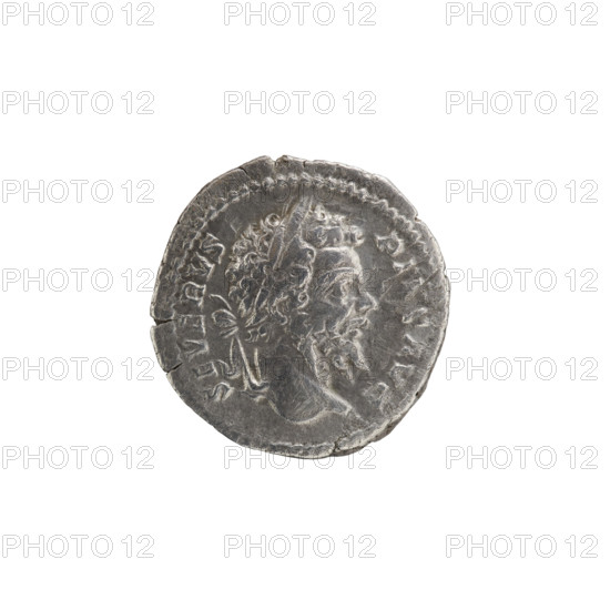 Denarius, Septimius Severus (Roman emperor; 146–211) — iconography: trophies, prisoners. Obverse: SEVERVS PIVS AVG, head of Septimius Severus in a laurel wreath facing right, pearl rim. Reverse: PART MAXP MTR P VIIII, two prisoners with their hands tied behind their backs, facing each other, sitting on the ground under a trophy, pearl rim. Date: 201. Roman Empire (27 BC–476). Rome. Coin. Diameter 18.5–19.0 mm. Weight 2.95 g.
