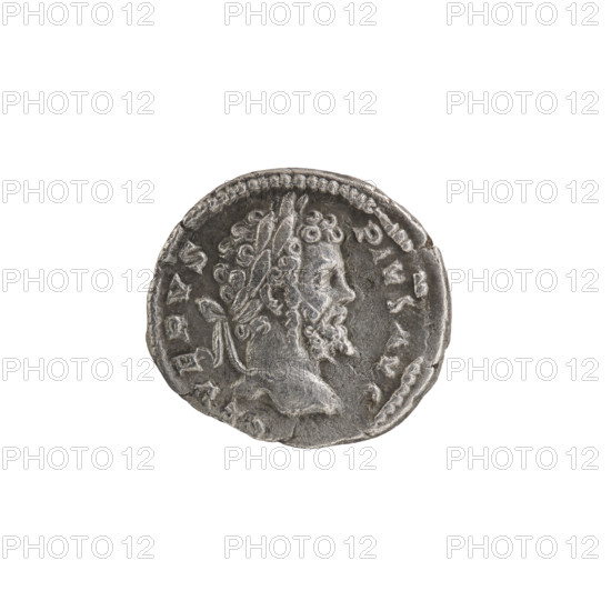 Denarius, Septimius Severus (Roman emperor; 146–211). Obverse: Head of Septimius Severus in a laurel wreath facing right, pearl rim, inscription SEVERVS PIVS AVG. Reverse: Two prisoners with their hands tied behind their backs, facing each other, sitting on the ground under a trophy, pearl rim, inscription PART MAX P M TR P VIIII. Date: 201. Roman Empire (27 BC–476). Rome. Coin. Diameter: 17.0–19.0 mm. Weight: 2.48 g.