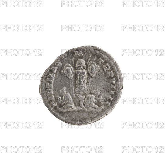 Denarius of Septimius Severus (Roman emperor, 146–211). Obverse: laureate head of Septimius Severus facing right, inscription 'SEVERVS PIVS AVG', beaded rim. Reverse: two prisoners with hands tied behind their backs, seated facing each other under a trophy, inscription 'PARTMAXP M TRP VIIII', beaded rim. Roman Empire, 201. Coin: diameter ~17–19 mm, weight 2.48 g.