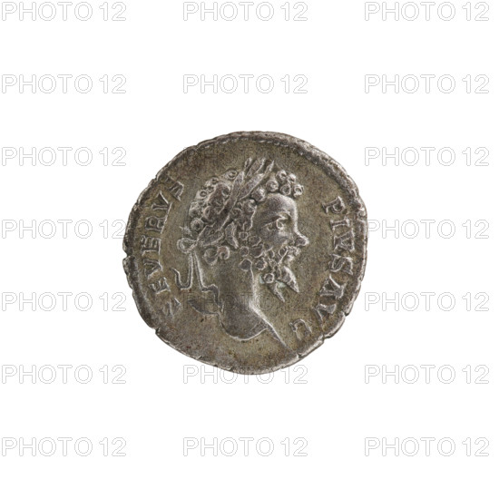 Denarius, Septimius Severus (Roman emperor; 146–211). Obverse: SEVERVS PIVS AVG — head of Septimius Severus in a laurel wreath facing right, pearl rim. Reverse: PARTMAX, TR P VIIII — two prisoners with their hands tied behind their backs, facing each other, sitting on the ground under a trophy, pearl rim. Roman Empire (27 BC–476). Rome. Coin; diameter 18.5 mm; weight 3.21 g.