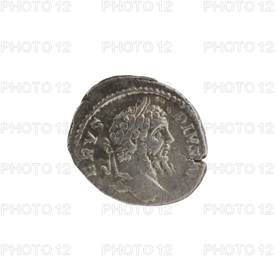 Denarius, obverse: head of Septimius Severus with laurel wreath facing right, pearl rim, inscription ERVS PIVSAVG. Reverse: personification of Africa wearing an elephant skin on her head and a long robe, standing frontally with head turned right, holding a robe in her left hand; a lion stands at her feet facing right, inscription AF, CA. Roman Empire, reign of Septimius Severus, 201–210. Coin; diameter ~18.5–19.0 mm, weight 2.35 g.