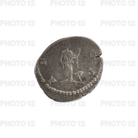 Denarius, obverse: head of Septimius Severus with laurel wreath facing right, pearl rim, legend ERVS PIVSAVG. Reverse: personification of Africa wearing an elephant skin on her head and a long robe, standing frontally with head turned right, holding a robe in her left hand; a lion stands at her feet facing right, inscription AF, CA. Date: 201–210. Roman Empire (27 BC–476). Rome. Coin. Diameter ~18.5–19.0 mm. Weight 2.35 g.