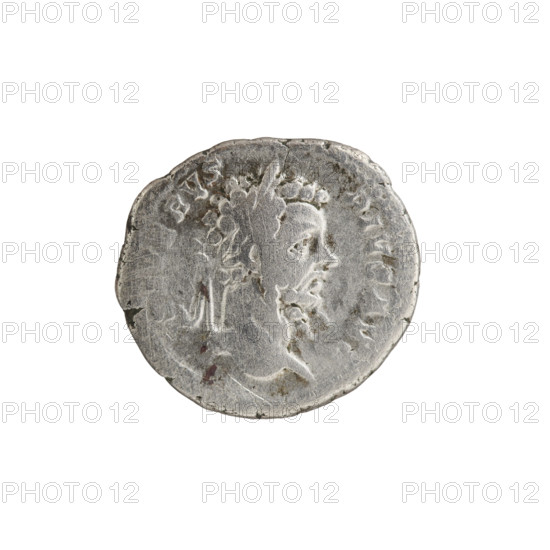 Denarius of Septimius Severus (Roman emperor, 146–211). Obverse: head of Septimius Severus in laurel wreath facing right, pearl rim, inscription 'SEVERVS PIVSAVG'. Reverse: two prisoners with their hands tied behind their backs, facing each other, seated on the ground under a trophy, pearl rim, inscription 'PARTMAXPM TRPVIIII'. Roman Empire, 201. Coin; diameter 17.5–19.5 mm, weight 3.22 g.