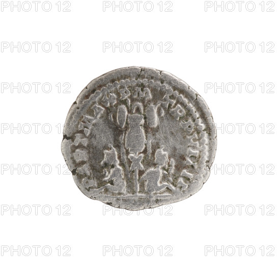 Denarius, Septimius Severus (Roman emperor; 146–211). Obverse: laureate head of Septimius Severus facing right, inscription 'SEVERVS PIVS AVG', beaded border. Reverse: trophy above two prisoners seated facing each other with hands tied behind their backs, inscription 'PART MAX PM TR P VIIII', beaded border. Roman Empire, 201 CE. Silver coin; diameter approx. 17.5–19.5 mm, weight 3.22 g.