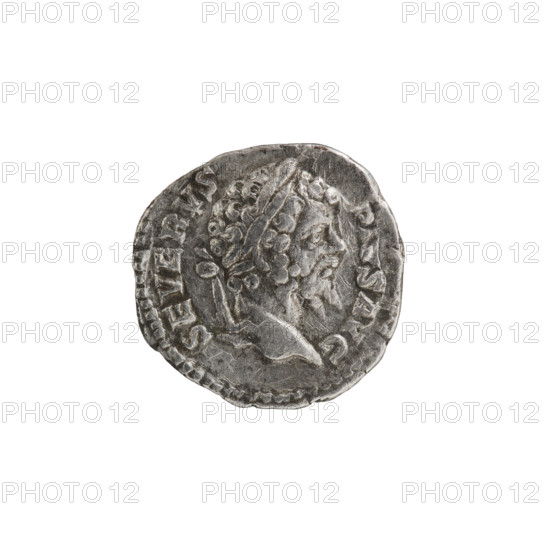 Denarius, emperor on horseback, Septimius Severus (Roman emperor; 146–211) — iconography: spears. Obverse: SEVERVS PIVS AVG, head of Septimius Severus in a laurel wreath facing right, pearl rim. Reverse: ADVENTA VGG, emperor in military garb on horseback with raised forelegs, right hand raised, holding a scepter in his left; in front of the horse stands a soldier turned left holding a vexillum in his right hand and the horse's bridle in his left, pearl rim. Date: 201–210 CE, Rome, Roman Empire. Coin: diameter 18.0–18.5 mm, weight 2.93 g.