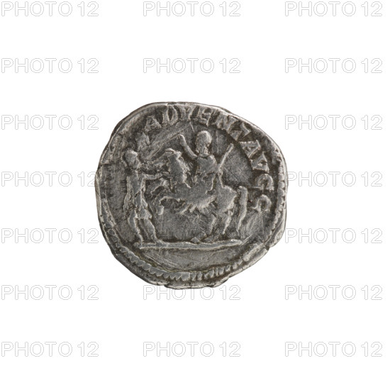 Denarius; emperor on horseback; Septimius Severus (Roman emperor, 146–211). Obverse: SEVERVS PIVS AVG — Head of Septimius Severus in a laurel wreath facing right, pearl rim. Reverse: ADVENTAVGG — Emperor in military garb on horseback with raised forelegs, right hand raised, holding a scepter in his left; in front of the horse stands a soldier turned left, holding a vexillum in his right hand and the horse's bridle in his left, pearl rim. Date: 201–210. Place: Rome, Roman Empire. Medium: silver coin (denarius). Diameter: 18.0–18.5 mm. Weight: 2.93 g.