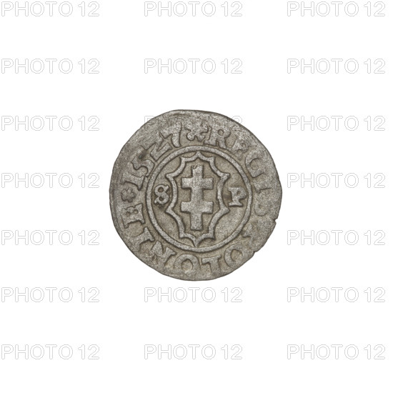 Crown ternary, Sigismund I the Old (King of Poland; 1506–1548). Obverse: Polish eagle with a crown; in the rim an inscription divided by the eagle's crown at the top and a rosette at the bottom: MONETA SIGISMVN. Reverse: Shield with a double cross; on the sides the letters SP; in the rim an inscription divided by rosettes at the top and bottom: REGIS POLO 1546. Date: 1546. Place: Kraków, Poland. Medium: coin. Weight: 0.58 g.