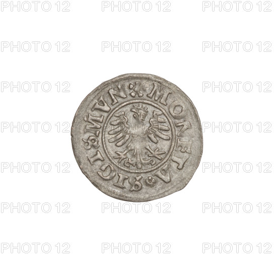 Crown ternary, Sigismund I the Old (King of Poland; 1506–1548). Silver coin, 1546, Kraków, Poland; weight 0.51 g. Obverse: Polish eagle with a crown; in the rim an inscription divided by the eagle's crown at the top and a rosette at the bottom: MONETA SIGISMVN. Reverse: Shield with a double cross; on the sides the letters SP; in the rim an inscription divided by rosettes at the top and bottom: REGIS POLO.